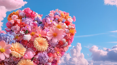 A stunning heart-shaped arrangement of vibrant flowers set against a clear blue sky with fluffy clouds, perfect for celebrating love and beauty in nature.の素材
