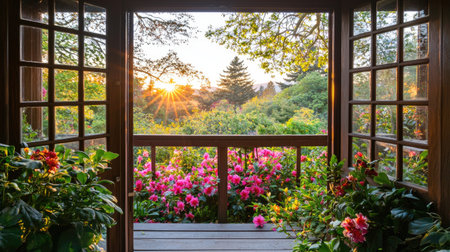 A captivating view from open wooden windows showcases a vibrant garden filled with colorful flowers bathed in warm sunlight during sunrise.の素材