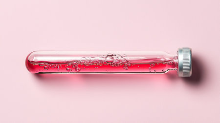 A glass test tube filled with vivid red liquid and visible bubbles sits elegantly against a soft pink background, ideal for scientific or artistic themes.の素材