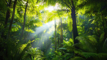 Experience the beauty of a tranquil jungle scene featuring dense greenery and sunlight filtering through tall trees, creating a peaceful atmosphere.の素材