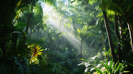 Explore a vibrant jungle scene with sunlight filtering through the trees, creating a tranquil and serene atmosphere in a lush tropical landscape.の素材