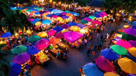 A lively night market scene filled with bright umbrellas and bustling crowds. Stalls offer a variety of goods, creating an engaging atmosphere under sparkling lights.の素材
