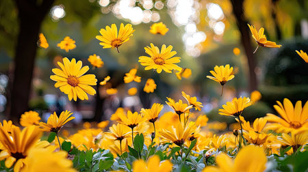A stunning display of vibrant yellow flowers in full bloom, set against lush green leaves. The soft natural light creates a serene and uplifting atmosphere.の素材