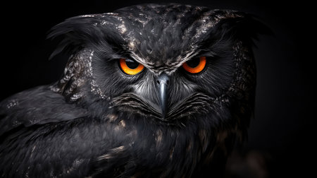 A captivating portrait of a dark-feathered owl with brilliant orange eyes, showcasing its fierce expression and intricate feather details against shadows.の素材