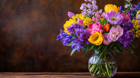 A stunning spring bouquet featuring assorted colorful flowers in a clear glass vase, set against a dark rustic background, perfect for home decor.の素材