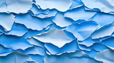 This image features an abstract composition of torn blue paper layers, offering a textured backdrop ideal for artistic designs, digital projects, and creative concepts.の素材