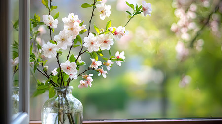 A stunning arrangement of spring blossoms in a clear vase sits on a windowsill, capturing the essence of nature with soft sunlight filtering through.の素材