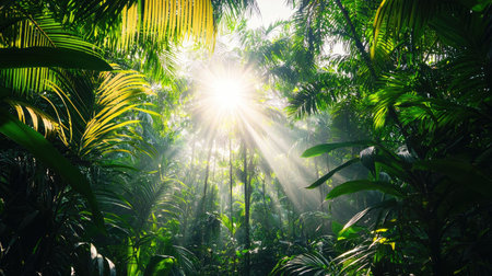 A breathtaking scene capturing sunlight filtering through a dense tropical rainforest, immersing viewers in a vibrant world of greenery and tranquility.の素材