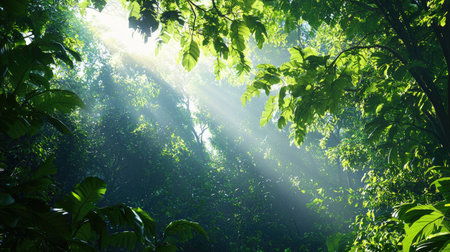 A breathtaking view of sunlight filtering through a dense tree canopy, creating a serene and vibrant atmosphere in a lush jungle setting.の素材