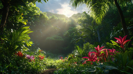 Experience the enchanting beauty of a tropical landscape, where vibrant flowers bloom amidst lush green foliage, illuminated by soft sunlight.の素材
