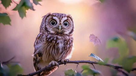 A captivating image of a curious brown owl sitting on a branch. The vibrant background during golden hour highlights the owl's striking features and serene presence.の素材