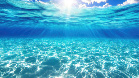 A stunning view of sparkling blue ocean water illuminated by sunlight, creating a serene atmosphere with gentle waves and soft clouds above.の素材