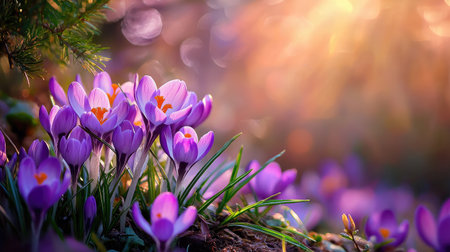 A stunning image of purple crocuses blooming vibrantly in a soft light, surrounded by blurred backgrounds and glowing sun rays, showcasing nature's beauty.の素材