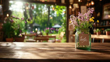 A beautiful rustic table displays a jar filled with fresh flowers in a cozy garden cafe, creating a serene atmosphere with natural light. Enjoy the peaceful ambiance.の素材