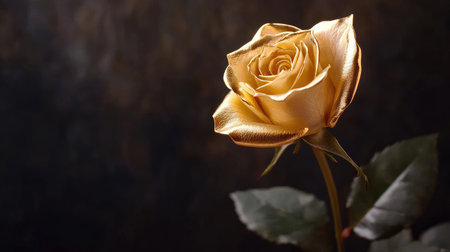 A captivating golden rose stands majestically against a dark background, symbolizing beauty and elegance. This stunning floral capture evokes feelings of luxury and romance, perfect for artistic displays or special occasions.の素材