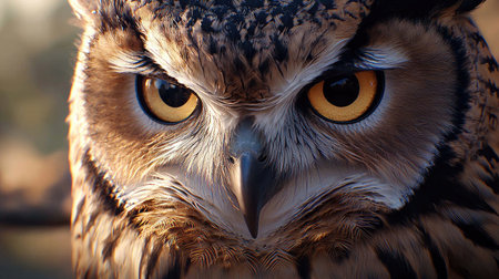 This stunning close-up portrait captures the intense gaze of an owl, highlighting its striking yellow eyes and intricate feather details, showcasing the beauty of wildlife.の素材