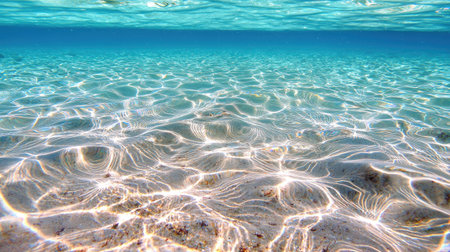 Serene underwater scene showcasing crystal clear water, gentle ripples, and a sandy seabed. Perfect for capturing the essence of tropical tranquility.の素材