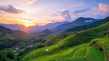 A stunning view of rice terraces under a vibrant sunset, showcasing the lush greenery and majestic mountains in the background. Perfect for nature lovers.の素材