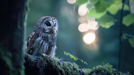 An enchanting owl sits gracefully on a moss-covered log, surrounded by lush green foliage and soft, diffused light in the forest.の素材