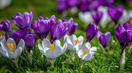 A stunning display of purple and white crocus flowers blooming in a lush green lawn. The scene captures the essence of spring, radiating freshness and beauty.の素材