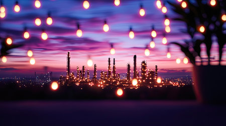 Captivating night scene featuring an industrial landscape illuminated by string lights against a vibrant twilight sky, blending beauty and industry.の素材