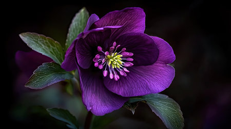 This captivating image presents a close-up of a vibrant purple flower featuring delicate petals and a striking yellow center. Rich colors and textures evoke natural beauty.の素材