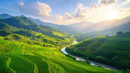 An enchanting landscape featuring lush green rice terraces set against a backdrop of mountains at sunset. Captivating rural beauty invites tranquility and exploration.の素材