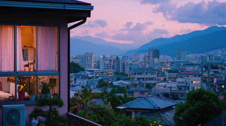 This stunning image captures a serene evening scene showcasing a cozy room illuminated by warm light, overlooking a vibrant cityscape at dusk, surrounded by majestic mountains.の素材