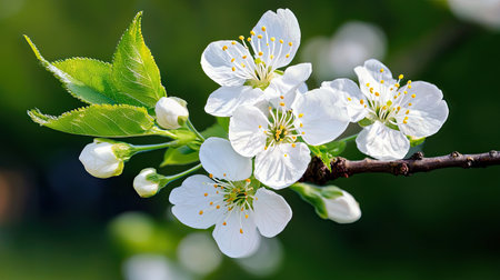 A stunning close-up view of delicate white cherry blossoms blooming on a tree branch, surrounded by fresh green leaves, symbolizing spring and renewal.の素材