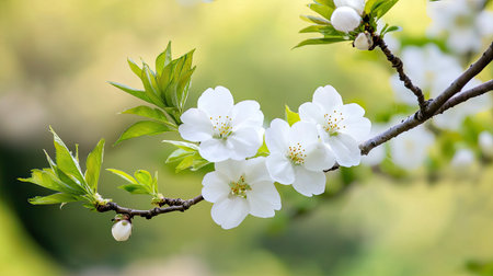 A stunning close-up of delicate white blossoms on a branch, surrounded by fresh green leaves, capturing the essence of spring and tranquility in nature.の素材