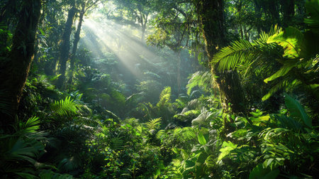 A stunning view of a lush green jungle, where sunlight pierces through the canopy, illuminating vibrant foliage and creating a serene atmosphere.の素材