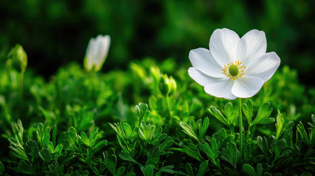 A stunning close-up of a white flower blooming amidst vivid green foliage, showcasing nature's beauty and tranquility in a serene outdoor setting.の素材