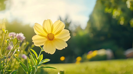 A vibrant yellow flower stands tall in a tranquil garden, illuminated by soft sunlight, showcasing the beauty of nature during spring or summer.の素材