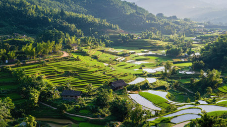 Captivating view of lush green terraced rice fields nestled in mountains under the bright morning sunlight, showcasing the beauty of rural agriculture.の素材