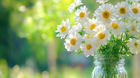 A beautiful arrangement of fresh white daisies in a clear glass jar, set against a soft green background, evokes a sense of peace and natural beauty.の素材