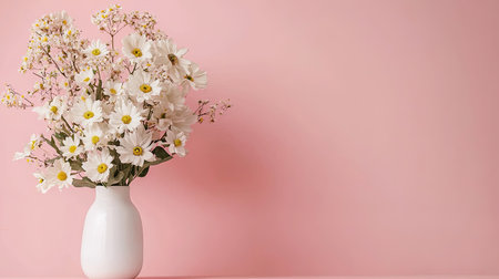 A beautiful arrangement of fresh white flowers in a minimalist white vase set against a soft pink background, perfect for home decor and lifestyle inspiration.の素材