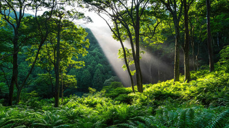 A breathtaking view of sunlight streaming through the lush canopy of trees in a vibrant green forest, highlighting ferns and creating a serene atmosphere.の素材