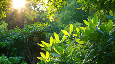 A stunning scene showcases sunlight filtering through vibrant green leaves in a serene forest, creating a peaceful atmosphere filled with nature's beauty.の素材