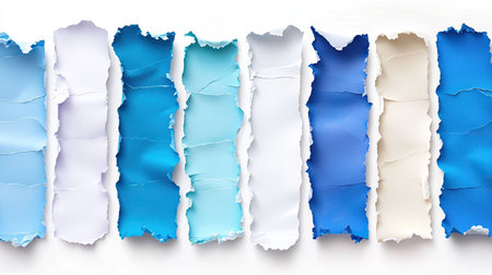 A collection of paint swatches in various shades of blue and white, featuring torn edges, displayed elegantly on a white background. Ideal for design inspiration.の素材