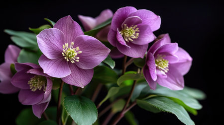 A stunning arrangement of purple flowers featuring soft petals and lush green leaves, ideal for adding a touch of elegance to any design or project.の素材