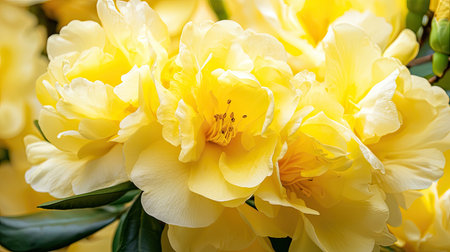 A stunning close-up of vibrant yellow camellia blooms captures the essence of spring. The intricate petals and lush green leaves create a serene and beautiful display, ideal for various floral themes.の素材