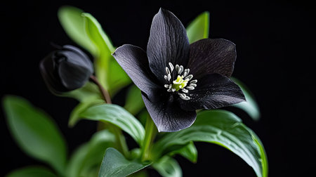 A captivating close-up photo of a stunning black flower against a dark background, showcasing vibrant green leaves for nature enthusiasts and art creators.の素材