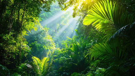 Experience the beauty of a tropical jungle where sunlight shines through a dense canopy, illuminating vibrant greenery and creating a serene environment.の素材