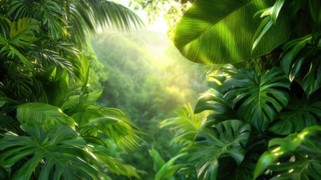 Explore a vibrant tropical jungle scene featuring rich green foliage, sunlight filtering through leaves, and a serene atmosphere that invites adventure.の素材