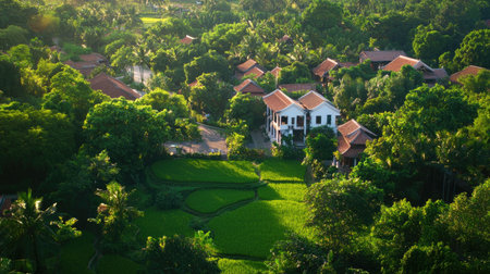 Discover a breathtaking aerial view showcasing traditional houses nestled among lush trees and vibrant rice fields in a peaceful tropical paradise.の素材