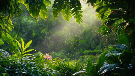 A serene tropical rainforest scene showcasing vibrant green foliage and a single flower, illuminated by gentle sunlight and light rainfall, evoking tranquility.の素材