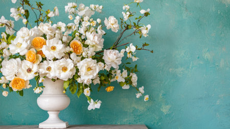 A stunning floral arrangement features white and orange roses in a classic white vase, beautifully set against a vibrant turquoise background, adding charm and elegance to any space.の素材