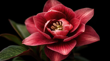 This stunning close-up captures a vibrant red flower with intricate petals and lush green leaves, presenting nature's beauty against a dark backdrop.の素材