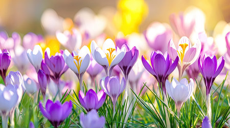 A stunning display of vibrant crocus flowers blooms in a picturesque spring landscape, capturing the essence of seasonal beauty and tranquil nature.の素材