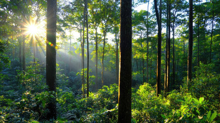 A breathtaking view of a dense forest with sunlight streaming through tall trees, creating an enchanting atmosphere. The vibrant green foliage reflects the tranquility of nature, inviting exploration and adventure in this serene outdoor setting.の素材